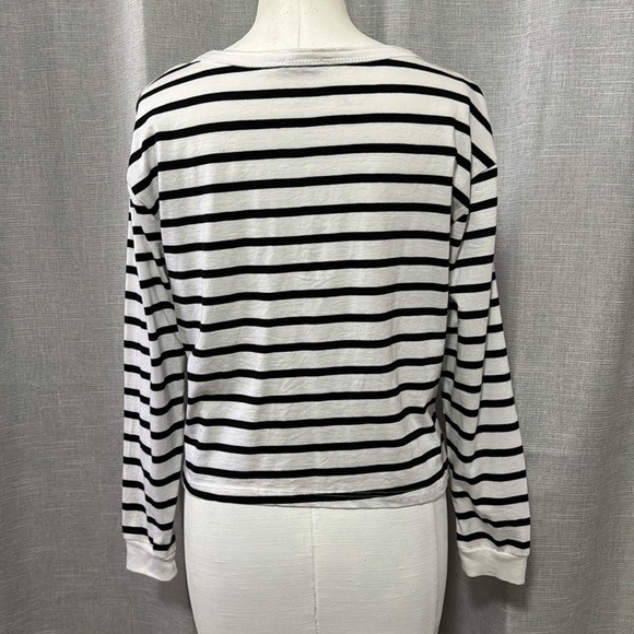 Love Peace & Lazy Days Striped Long Sleeve Tee-M-Semi Cropped-Cotton-White/Black - Picture 3 of 13